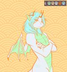  anthro biped claws crossed_arms crown draco-canine dragon eyebrows eyelashes hair humanoid_hands long_hair looking_at_viewer nude simple_background solo tagme tasla_venhyle wings wyvern 