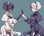  2girls alternate_color black_hair breasts cleavage cleavage_cutout covered_navel dark_skin feather-trimmed_sleeves gloves hairband long_sleeves mole multiple_girls nier_(series) nier_automata puffy_sleeves simple_background soulcalibur_vi white_gloves white_hair yorha_no._2_type_b 