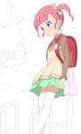  backpack bag bangs blue_eyes blush brown_ribbon brown_shirt cloud collared_shirt crime_prevention_buzzer eyebrows_visible_through_hair green_ribbon green_skirt hair_ribbon highres leaning_back leaning_on_rail long_sleeves looking_away neck_ribbon outdoors parted_lips partially_colored pink_hair pretty_(series) pripara randoseru ribbon shirt skirt solo thighhighs tree trg-_(sain) twintails white_legwear 