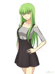  :o bangs black_skirt c.c. code_geass collarbone cowboy_shot eyebrows_visible_through_hair green_hair hair_between_eyes hand_on_hip high-waist_skirt highres long_hair miniskirt off-shoulder_shirt pleated_skirt setu_kurokawa shirt simple_background skirt solo standing striped striped_shirt suspender_skirt suspenders very_long_hair white_background yellow_eyes 