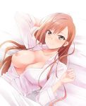  arisugawa_natsuha arm_at_side arm_behind_head bangs bed bed_sheet black_eyes blush breasts collarbone eyebrows_visible_through_hair from_above highres idolmaster idolmaster_shiny_colors kaiga long_hair looking_at_viewer lying nipples no_bra on_back one_breast_out parted_bangs red_hair shirt smile solo upper_body white_shirt 
