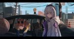  aa-12 aa-12_(girls_frontline) aer7o ahoge aviator_sunglasses baggy_clothes bangs blue_eyes blue_sky blurry blurry_background breasts brown-framed_eyewear brown_hair car choker cityscape cloud commentary_request eyebrows_visible_through_hair eyewear_on_head food fur-trimmed_jacket fur_trim girls_frontline glasses grizzly_mkv_(girls_frontline) ground_vehicle gun hair_ornament hat highres hood hood_down hooded_jacket jacket letterboxed long_hair looking_at_viewer medium_breasts motor_vehicle multiple_girls open_mouth outdoors purple_eyes short_hair shotgun sidelocks silver_hair sky star star_hair_ornament sunglasses weapon younger 