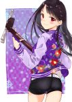  ass bangs belt black_hair black_shorts blush braid character_request closed_mouth cowboy_shot eyebrows_visible_through_hair floral_print holding holding_instrument instrument jacket letterman_jacket long_hair looking_at_viewer looking_back miyabi_akino nadeshiko_doremisora print_jacket purple_jacket red_eyes shamisen short_shorts shorts smile solo studded_belt very_long_hair white_belt 