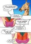  absurd_res anthro avian bird butt chicken comic digital_media_(artwork) duo english_text feathers galliform gallus_(genus) giraffe giraffid hi_res male male/male mammal nude phasianid simple_background text zaryuzu_73 