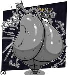 2025 absurd_res anthro antlers big_butt blue_eyes bodily_fluids bottomless bovid butt butt_slap caprine clothed clothing contact_onomatopoeia digital_drawing_(artwork) digital_media_(artwork) exclamation_point felid feline female ghostfuckrr goat gold_(metal) gold_jewelry grey_body hi_res horn huge_butt hybrid hyper hyper_butt impact_lines impact_onomatopoeia jewelry lagomorph leporid looking_back mammal onomatopoeia pseudoregalia rabbit rear_view slap solo sound_effects spanking surprised sweat sweaty_butt sybil_(pseudoregalia) tail text