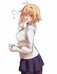  1girl absurdres arcueid_brunestud blue_skirt breasts cowboy_shot ezekquel highres large_breasts miniskirt pleated_skirt red_eyes short_hair simple_background skirt solo sweater tsukihime white_background white_sweater 