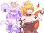  black_collar black_dress blonde_hair boo bowsette bracelet breasts breathing_fire collar covered_navel crown dress earrings eyebrows_visible_through_hair fire frilled_collar frilled_dress frills ghost_pose gloves green_earrings green_eyes hand_up highres horns huge_breasts jewelry large_breasts luigi's_mansion mario_(series) new_super_mario_bros._u_deluxe pale_skin pointy_ears princess_king_boo purple_tongue red_eyes sharp_teeth simple_background spiked_armlet spiked_bracelet spiked_collar spiked_shell spikes strapless strapless_dress super_crown teeth tongue tongue_out turtle_shell upper_body white_background white_dress white_gloves white_hair 