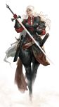  armor black_legwear blue_eyes bracer commentary full_body gauntlets gloves highres holding holding_sword holding_weapon kyoung_hwan_kim long_hair original pouch red_gloves sheath smile solo standing sword weapon white_hair 