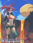  1girl bikini bikini_top_only black_jacket blue_pants blue_sky breasts closed_eyes closed_mouth clothing_cutout collarbone cropped_jacket flannery_(pokemon) jacket large_breasts lava long_hair navel open_clothes open_jacket orlek pants pokemon pokemon_(creature) pokemon_rse ponytail red_bikini red_eyes red_hair sky smile stomach swimsuit thigh_cutout torkoal 