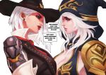  absurdres ashe_(league_of_legends) ashe_(overwatch) asymmetrical_hair blue_eyes breast_press breasts cleavage commentary confrontation cowboy_hat crossover english english_commentary eye_contact eyelashes eyeshadow hat head_tilt high_collar highres hood league_of_legends lips lipstick look-alike looking_at_another makeup medium_hair mole_above_mouth monori_rogue multiple_girls namesake nose overwatch red_eyes single_pauldron symmetrical_docking white_hair 
