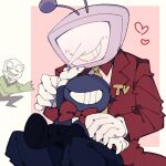  2525nicc 3boys anger_vein ant_tenna arm_up black_pants bow bowtie crt deltarune gloves green_pippins green_poncho hand_on_another&#039;s_head highres long_nose male_focus multiple_boys necktie object_head pants pippins_(deltarune) pointy_nose radio_antenna red_bow red_bowtie size_difference small_mike_(deltarune) smile tailcoat teeth utdr_(toby_fox) white_gloves yellow_necktie 