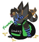 3_toes 4_fingers ambiguous_gender anthro armwear back_wings black_body black_tail blue_clothing blue_shirt blue_tank_top blue_topwear blush blush_lines claws clothed clothing diaper english_text excessive_feces feces feet finger_claws fingers flygon full-length_portrait generation_3_pokemon hand_on_diaper hyper hyper_feces hyper_soiling innocentenough legwear lupi_(innocentenough) markings nintendo open_mouth pail_puppy_(artist) pattern_armwear pattern_clothing pattern_legwear pattern_stockings pokemon pokemon_(species) pooping portrait shirt simple_background soiled_diaper soiling soiling_diaper solo sound_effects standing stockings striped_armwear striped_clothing striped_legwear striped_markings striped_stockings striped_tail stripes tail tail_markings tank_top text thigh_highs toe_claws toes topwear touching_diaper unclean_diaper used_diaper wearing_diaper white_background wings