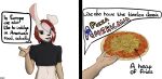 american_flag anthro brown_body brown_fur clothing comic crop_top dialogue digital_drawing_(artwork) digital_media_(artwork) english_description english_text food fries fur hair hi_res humor lagomorph leporid male mammal miro_(snezka) pizza rabbit red_hair shirt snezka solo speech_bubble text topwear united_states_of_america