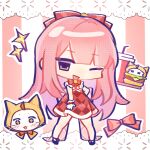  +_+ 1girl ahoge alternate_color ankle_flower argyle_bow argyle_clothes argyle_skirt back_bow bare_legs black_shoes blunt_bangs border bow bowtie brooch brown_eyes burger center_frills character-themed_food chibi chinese_commentary cloak commentary_request cropped_torso cup disposable_cup drinking_straw ear_covers excited floral_memory_(infinity_nikki) flower food frilled_shirt frills gloves hair_bow hair_ornament halftone hand_on_own_hip happy haroi high-waist_skirt hood hood_up hooded_cloak infinity_nikki jewelry kfc knees lace lace_border large_bow legs_apart letterboxed light_blush long_hair looking_at_viewer miniskirt momo_(nikki) nikki_(nikki) nikki_(series) one_eye_closed open_mouth ornate_border outline outside_border pink_bow pink_hair pleated_skirt red_background red_bow red_bowtie red_flower red_skirt shirt shoes skirt sleeveless sleeveless_shirt smile socks sparkle sparkling_eyes traditional_bowtie tray two-tone_background unmoving_pattern vertical-striped_background very_long_hair whiskers white_background white_border white_gloves white_outline white_shirt white_socks wrist_bow yellow_cloak 