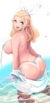  absurdres arched_back artist_name ass back bikini bikini_tan blonde_hair blue_bikini blue_eyes blue_jacket breasts cherry_blossoms commentary_request dungeon_and_fighter elf forehead from_behind hair_ribbon highres jacket kneeling korean_commentary large_breasts long_hair looking_at_viewer micro_bikini mogwasaeng-gangcha mole_on_ass open_mouth pointy_ears ribbon solo string_bikini swimsuit tan tanline thong_bikini undressing untied untied_bikini wading water wet white_background white_ribbon 