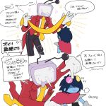  1boy 1other anger_vein ant_tenna armor belt_buckle black_hair black_pants blue_skin blush buckle cape colored_skin crt dealmaker_(deltarune) deltarune fang gloves grabbing_another&#039;s_arm heart kris_(dark_world)_(deltarune) kris_(deltarune) l2aiq long_nose necktie object_head pants pointy_nose poking_head red_cape short_hair sparkle speech_bubble sweat tailcoat utdr_(toby_fox) white_gloves yellow_necktie 