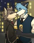 akat/starfox alcohol beverage canid canine canis champagne city clothing domestic_dog duo eyewear fur glasses grey_body grey_fur hi_res hieurover kissing male male/male mammal multicolored_body multicolored_fur necktie night sky star starry_sky suit tan_body tan_fur topwear vest wolf