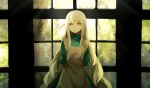  arms_behind_back backlighting blonde_hair dark dress indoors kagerou_project kozakura_marry lemontea long_hair looking_at_viewer pale_skin red_eyes sidelocks sunlight tree window 