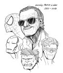  commentary creator_connection cyclops_(x-men) facial_hair greyscale hair_slicked_back hulk iron_man iron_man_(comics) marvel mask monochrome multiple_boys mustache parallax05 smile spider-man spider-man_(series) stan_lee sunglasses upper_body x-men 