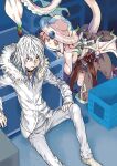  1boy 1girl accelerator_(toaru_majutsu_no_index) albino androgynous bare_arms bare_shoulders bent_over breasts cleaned commentary_request cover cover_page demon_girl demon_wings dress floating frilled_dress frills fur-trimmed_hood fur-trimmed_jacket fur_trim glaring gradient_hair grey_dress grin haimura_kiyotaka hair_between_eyes hair_bun hand_on_own_thigh headgear highres hole_in_head hood hood_down horizontal_pupils jacket knee_up large_breasts long_bangs looking_at_another looking_at_viewer medium_hair multicolored_eyes multicolored_hair necktie novel_cover novel_illustration official_art pale_skin pants parted_lips pink_hair pointy_ears purple_eyes qliphah_puzzle_545 rags red_eyes red_ribbon ribbon sharp_teeth shoes sideboob sitting sleeveless smile squid_girl symbol-shaped_pupils tail teeth tentacle_hair tentacle_tail tentacles toaru_majutsu_no_index toaru_majutsu_no_index:_new_testament v-shaped_eyebrows white_hair white_jacket white_pants white_shoes wings winter_clothes yellow_pupils 