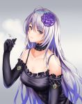  ahoge aqua_eyes bangs bare_shoulders black_choker black_dress black_gloves breasts choker cigarette cleavage cup6542 dress elbow_gloves eyebrows_visible_through_hair flower frilled_choker frilled_dress frilled_gloves frills gem gloves hair_flower hair_ornament hand_up head_tilt highres holding holding_cigarette leaning_forward long_hair looking_to_the_side medium_breasts original parted_lips sidelocks silver_hair simple_background smoke smoking solo spaghetti_strap teeth upper_body very_long_hair 