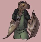 anthro beverage bottomwear clothed clothing coffee coffee_cup container cup digital_media_(artwork) dimorphodon dinosaur gesture hair hand_gesture hi_res holding_object looking_offscreen male marvelous_managerie membrane_(anatomy) membranous_wings open_mouth pointing prehistoric_species pterosaur reptile saurischian scalie simple_background smile solo standing tail teeth theropod topwear tuft wings