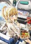  absurdres airplane_interior blonde_hair blue_eyes breasts cellphone chopsticks clothes_writing computer cup_ramen eating elf english_text food fork hair_intakes heart heart_in_eye highres holding holding_fork huge_breasts korean_text laptop lenovo microsoft_windows miyu_(miyu_heuung) noodles original phone pointy_ears ponytail ramen symbol_in_eye tinya_(miyu) usb_cable window 