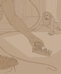  2018 anthro biped claws crown digital_drawing_(artwork) digital_media_(artwork) feline hair hi_res humanoid king lion long_hair mammal monochrome nude oouna royalty simple_background sketch 