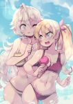  2girls ;q arie_(starline) behind_another bikini blonde_hair blue_eyes blue_sky breasts collarbone commentary cowboy_shot english_commentary green_bikini hair_ornament hairclip hand_on_another&#039;s_shoulder highres holding_ice index_finger_raised long_hair luna_(starline) medium_breasts multiple_girls navel one_eye_closed open_mouth parororo red_bikini sky small_breasts starline striped_bikini striped_clothes swimsuit tongue tongue_out white_hair 