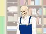  ainz_ooal_gown apron blue_apron book bookshelf gaikotsu_shotenin_honda-san highres honda-san imaani indoors long_sleeves overlord_(maruyama) shirt skeleton trait_connection uniform upper_body white_shirt 