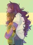  1other brown_hair cherriinie commentary deltarune english_commentary furry furry_female green_hoodie head_on_head head_rest highres hood hoodie kris_(deltarune) long_hair mole mole_under_mouth purple_hair shirt short_hair short_sleeves sleeves_past_wrists susie_(deltarune) tail utdr_(toby_fox) wavy_hair white_shirt 