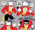  1boy ant_tenna belt_buckle black_pants buckle collared_shirt commentary crt deltarune english_commentary english_text fconvicted gloves hand_on_own_hip highres holding holding_microphone long_nose male_focus microphone multiple_views necktie object_head pants pointy_nose shirt smile speech_bubble tailcoat teeth utdr_(toby_fox) white_gloves white_shirt yellow_necktie 