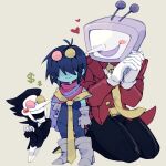  1other 2525nicc 2boys ant_tenna armor black_hair black_pants black_shirt blue_bodysuit blue_hair blue_skin blush_stickers bodysuit boots circle_facial_mark colored_skin crt dealmaker_(deltarune) deltarune dollar_sign eyewear_on_head gloves grey_boots grey_gloves heart heterochromatic_eyewear highres interlocked_fingers kneeling kris_(dark_world)_(deltarune) kris_(deltarune) long_nose looking_at_another multiple_boys necktie object_head own_hands_together pants pointy_nose radio_antenna round_eyewear shirt short_hair single_blush_sticker smile spamton_g._spamton tailcoat teeth tinted_eyewear utdr_(toby_fox) white_gloves white_pants yellow_necktie 