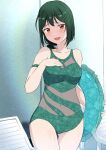  1girl absurdres ass_visible_through_thighs bare_shoulders breasts chair cleavage collarbone commentary_request cowboy_shot frilled_innertube green_hair green_one-piece_swimsuit highres holding holding_swim_ring looking_at_viewer lounge_chair love_live! love_live!_nijigasaki_high_school_idol_club low_ponytail medium_breasts medium_hair mifune_shioriko official_alternate_costume one-piece_swimsuit orange_eyes ponytail see-through_cleavage see-through_clothes see-through_one-piece_swimsuit solo swim_ring swimsuit zasshoku_ojisan 