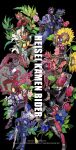  6+boys armor belt black_bodysuit blay_buckle blay_rouzer bodysuit card chain compound_eyes crossover decadriver den-o_belt dengasher_sword_mode dragon dragvisor everyone faiz_driver full_armor full_body gloves glowing glowing_eyes gold_horns heisei helmet highres holding holding_sword holding_weapon horns jo_mawe kabuto_zecter kamen_rider kamen_rider_555 kamen_rider_agito kamen_rider_agito_(ground_form) kamen_rider_agito_(series) kamen_rider_blade kamen_rider_blade_(series) kamen_rider_dcd kamen_rider_decade kamen_rider_den-o kamen_rider_den-o_(series) kamen_rider_den-o_(sword_form) kamen_rider_hibiki kamen_rider_hibiki_(series) kamen_rider_kabuto kamen_rider_kabuto_(series) kamen_rider_kiva kamen_rider_kiva_(series) kamen_rider_kuuga kamen_rider_kuuga_(mighty_form) kamen_rider_kuuga_(series) kamen_rider_ryuki kamen_rider_ryuki_(series) kivat_belt looking_at_viewer male_focus mask multiple_boys ongekibou_rekka oni pink_armor red_armor red_eyes ride_booker rider_belt rider_belt_(kabuto) rider_brace rouse_absorber rouse_card shoulder_armor signature simple_background standing sword sword_form tokusatsu weapon wings yellow_eyes zect_buckle 