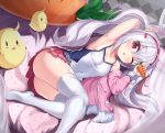  2drr animal animal_ears argyle arm_up armpits ass azur_lane bangs bed_sheet bird blush breasts bunny_ears camisole carrot chick commentary_request covered_navel eyebrows_visible_through_hair food fur-trimmed_jacket fur-trimmed_sleeves fur_trim hair_between_eyes hair_ornament hairband highres holding holding_food jacket laffey_(azur_lane) long_hair long_sleeves lying no_shoes on_side one_eye_closed parted_lips pink_jacket pleated_skirt red_eyes red_hairband red_skirt silver_hair skirt small_breasts solo thighhighs twintails very_long_hair white_camisole white_legwear 