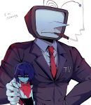  1boy 1other absurdres ant_tenna armor black_jacket blue_hair cigar collared_shirt crt defernull deltarune hand_on_another&#039;s_arm highres jacket korean_commentary korean_text kris_(dark_world)_(deltarune) kris_(deltarune) long_nose necktie object_head other_with_male parted_lips partially_shaded_face pointy_nose radio_antenna red_eyes red_necktie shirt short_hair size_difference smoking sweat upper_body utdr_(toby_fox) white_background white_shirt yp_katelove 