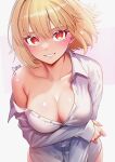  1girl absurdres arcueid_brunestud blonde_hair breasts cleavage collarbone commentary english_commentary fukou highres large_breasts looking_at_viewer no_pants panties red_eyes shirt short_hair simple_background smile solo tsukihime underwear white_background white_panties white_shirt 