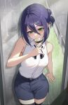  1girl black_choker black_ribbon black_thighhighs blue_shorts chainsaw_man choker closed_mouth flower green_eyes grenade_pin hair_between_eyes highres holding holding_flower looking_at_viewer neck_ribbon phone_booth purple_hair reze_(chainsaw_man) ribbon sagle shirt shorts sleeveless sleeveless_shirt smile solo thighhighs white_flower white_shirt 
