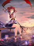  adapted_costume afloat_lantern alternate_weapon ankle_cuffs anklet barefoot coin flower g.h_(gogetsu) hair_bobbles hair_ornament highres jewelry lantern obi onozuka_komachi red_eyes red_hair sash scythe short_hair sitting skirt sleeveless smile soaking_feet solo touhou two_side_up water weapon 