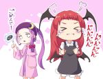  &gt;_&lt; =3 alternate_hairstyle bangs black_dress black_wings blunt_bangs bow capelet chibi circular_saw collared_shirt commentary_request crescent crescent_hair_ornament demon_wings dress forehead hair_bow hair_ornament head_wings headband index_finger_raised koakuma long_hair long_sleeves looking_at_another multiple_girls mumyuu o_o patchouli_knowledge ponytail pout purple_capelet purple_dress purple_hair purple_headband red_bow red_hair shirt short_dress striped striped_dress sweatdrop tears touhou translation_request white_shirt wing_collar wings 