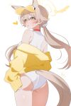  1girl absurdres animal_ears ass blonde_hair blue_archive commentary extra_ears fox_ears fox_girl fox_tail halo hifumi_(blue_archive) highres jacket jacket_partially_removed long_hair looking_back low_twintails one-piece_swimsuit open_mouth seia_(blue_archive) seia_(swimsuit)_(blue_archive) shusuchii simple_background sleeves_past_wrists solo swimsuit symbol-only_commentary tail tail_through_clothes twintails visor_cap white_background white_one-piece_swimsuit winged_hair_ornament winged_halo yellow_eyes yellow_halo yellow_jacket yellow_visor 