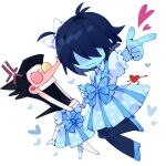  1boy 1other 2525nicc absurdres anger_vein black_hair blue_bow blue_dress blue_hair blue_shoes blue_skin bow circle_facial_mark colored_skin crossdressing crossdressing_(mtf) deltarune doll_joints dress heterochromatic_eyewear highres joints kris_(dark_world)_(deltarune) kris_(deltarune) long_nose outstretched_arm pointing pointy_nose puffy_short_sleeves puffy_sleeves round_eyewear shoes short_hair short_sleeves simple_background spamton_g._spamton teeth tinted_eyewear utdr_(toby_fox) white_background white_bow 