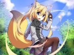  :o animal_ear_fluff animal_ears black_legwear blonde_hair blue_eyes blue_sky bow chaakusu commentary_request day fighting_stance fox_ears fox_tail hair_bow jacket light_rays long_hair long_sleeves miniskirt original pantyhose pleated_skirt skirt sky tail tree twintails v-shaped_eyebrows 