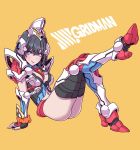  arm_support armor armored_boots ass bangs black_gloves black_hair black_legwear blue_eyes blush boots breasts cleavage closed_mouth commentary_request copyright_name cosplay eyebrows_visible_through_hair fingerless_gloves gloves gridman_(ssss) gridman_(ssss)_(cosplay) headgear highres leg_up long_hair looking_at_viewer mecha_musume navel navel_cutout orange_scrunchie pauldrons scrunchie simple_background sitting smile solo ssss.gridman takarada_rikka thighhighs thighs vambraces white_armor wrist_scrunchie yamashita_shun'ya yellow_background 