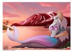 anthro border breasts canid canine clothing digital_media_(artwork) female fin fish fox fur hair hi_res mammal marine marvelous_managerie merfolk simple_background smile solo split_form tail topwear water white_border
