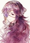  closed_mouth commentary english_commentary eyepatch flower flower_eyepatch hair_ornament head_only jewelry light_smile long_hair looking_at_viewer original purple_flower purple_hair red_eyes ribbon simple_background single_eye smile solo twitter_username veil white_background xin_(24914) yellow_ribbon 