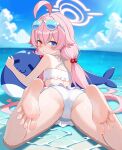  1girl absurdres ahoge ass bare_legs barefoot bikini blue-tinted_eyewear blue_archive blue_eyes blue_sky blush cloud commentary day eyewear_on_head feet foot_focus frilled_bikini frills gugu0v0 hair_between_eyes hair_bobbles hair_ornament halo heterochromia highres hoshino_(blue_archive) hoshino_(swimsuit)_(blue_archive) inflatable_toy inflatable_whale looking_at_viewer looking_back low_twintails lying ocean official_alternate_costume on_stomach outdoors parted_lips pink_hair pink_halo sky soles solo sunglasses swimsuit tinted_eyewear toes twintails twitter_username water white-framed_eyewear white_bikini yellow_eyes 