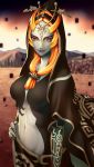  cape commentary_request eyeshadow front_ponytail grey_skin highres hinome hood lipstick long_hair looking_at_viewer makeup midna midna_(true) navel orange_hair purple_lipstick red_eyes solo spoilers tattoo the_legend_of_zelda the_legend_of_zelda:_twilight_princess 