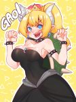  bare_shoulders black_collar black_dress blonde_hair blue_eyes blush bowsette bracelet breasts cleavage collar covered_navel cowboy_shot crown dress eyebrows_visible_through_hair fingernails hands_up highres hkoo horns jewelry large_breasts long_hair mario_(series) new_super_mario_bros._u_deluxe onomatopoeia pointy_ears ponytail romaji sharp_fingernails sharp_teeth solo spiked_armlet spiked_bracelet spiked_collar spiked_shell spikes strapless strapless_dress super_crown teeth translated turtle_shell 